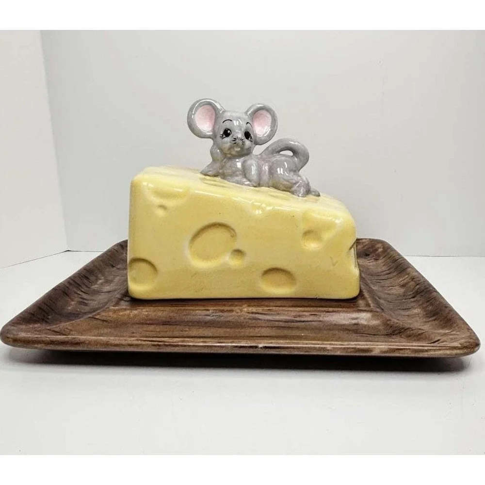 Vintage MCM Ceramic‎ Cheese & Cracker Plate with Cheese Mouse Lid 10.5